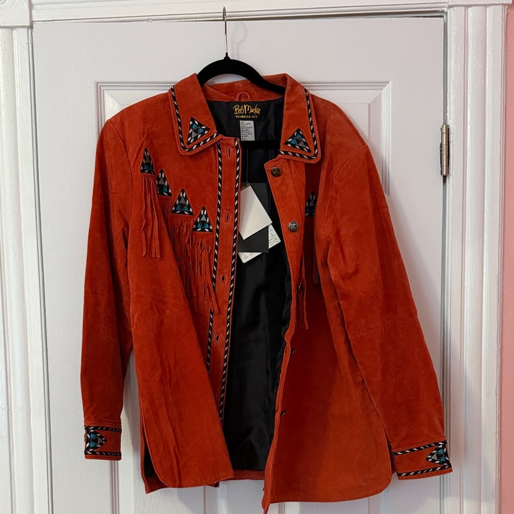 Bob Mackie Orange Leather Jacket with Embroidered Details